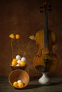 Still life with violin, white and orange balls and sliced Ã¢â¬â¹Ã¢â¬â¹lemon